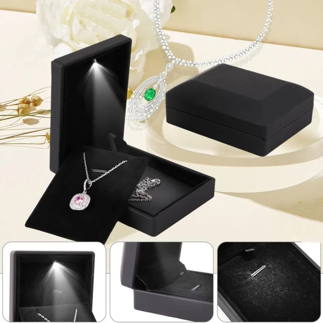 Pendant Box with LED Light - Velvet Jewelry Case, Square Shaped Gift Box for Engagement and Proposal Necklaces