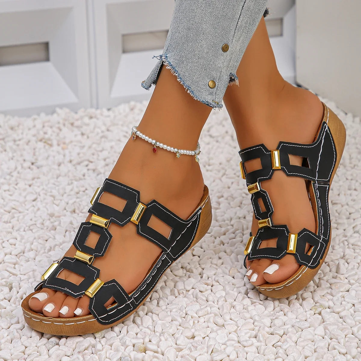 Women’s Roman Wedge Sandals - Open Toe Summer Beach Slip-On Shoes