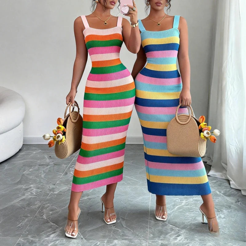 Women’s Rainbow Striped Bodycon Maxi Dress – Sleeveless Stretchy Knit Summer Beach Vacation Party Sundress