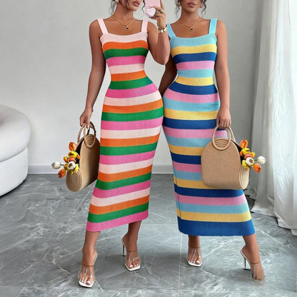 Women’s Rainbow Striped Bodycon Maxi Dress – Sleeveless Stretchy Knit Summer Beach Vacation Party Sundress