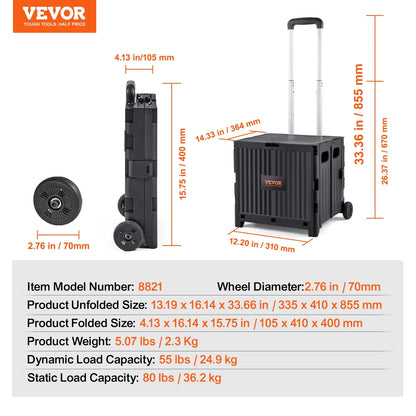 VEVOR Foldable Utility Shopping Cart with Telescopic Handle & Wheels – Portable Handcart for Travel, Office, Garden Use