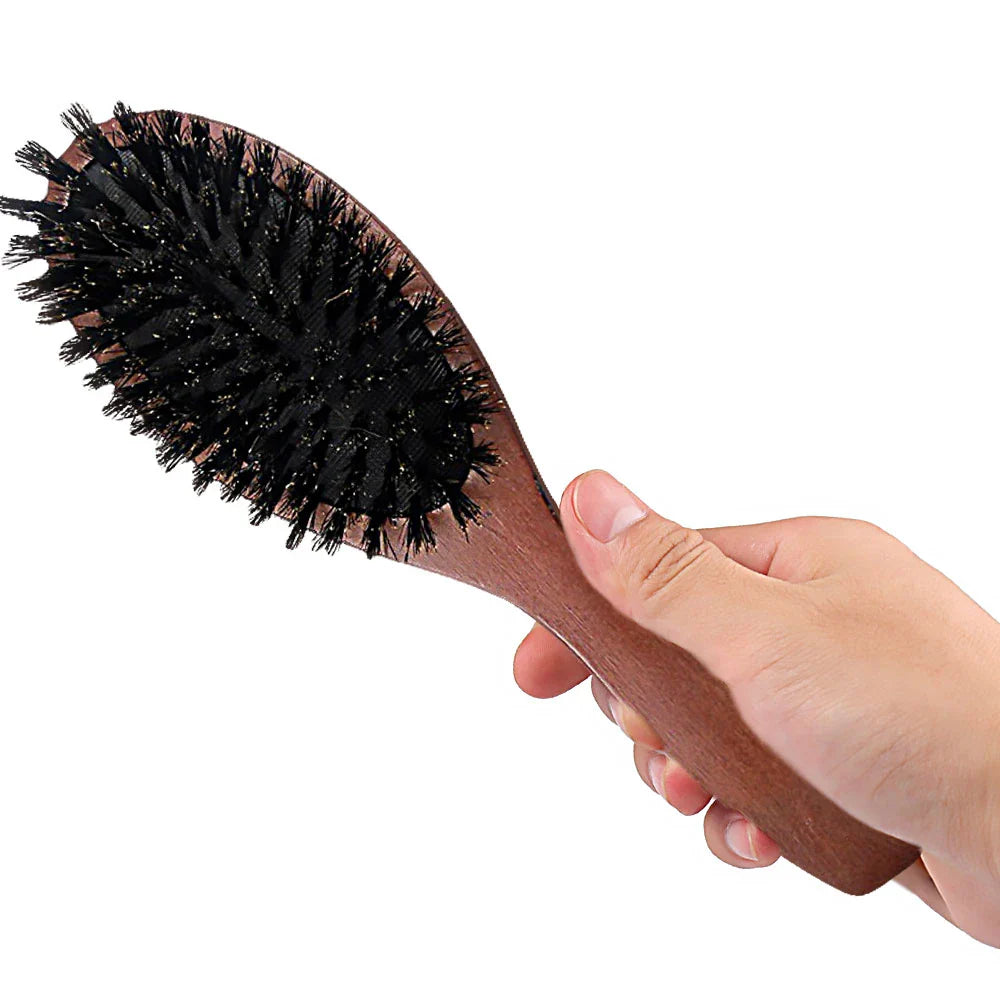 Natural Boar Bristle Hair Brush — Anti-Static Wooden Oval Comb for Women’s Hair Styling