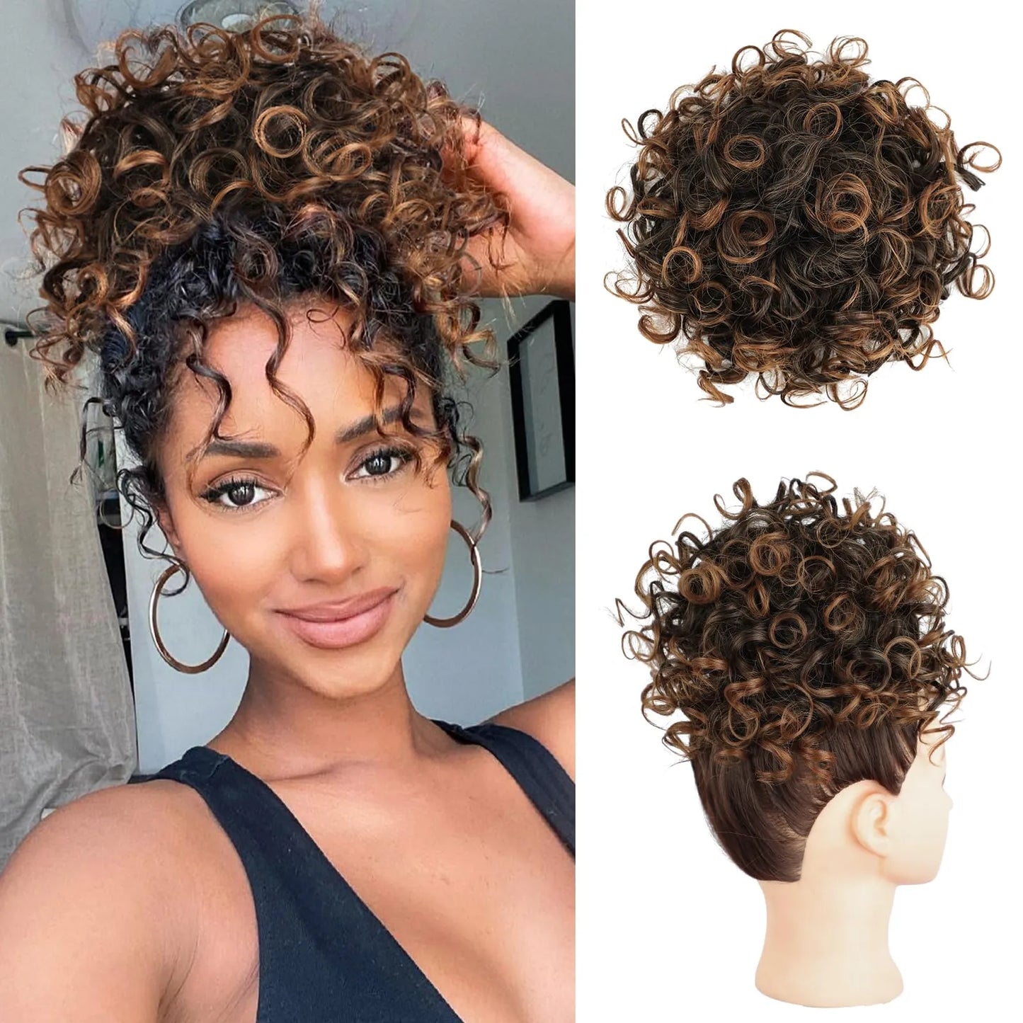 Loose Wave Curly Hair Bun Extension - Synthetic Messy Bun Hair Piece 60g - Elastic Drawstring for Women, Dark Brown