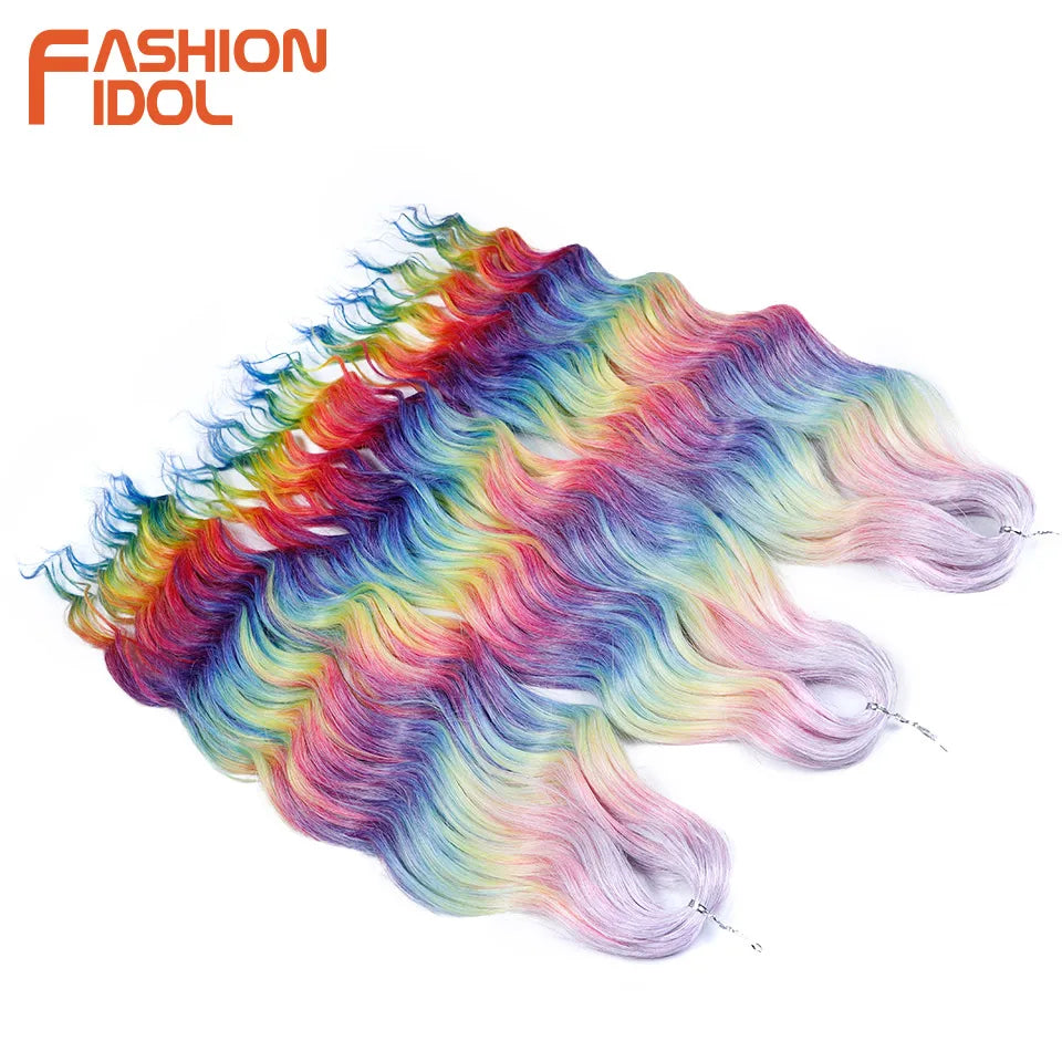 FASHION IDOL 24" Deep Wave Crochet Hair - 3-Piece Synthetic Water Wave Braiding Extensions, Ombre Rainbow Twist Hair
