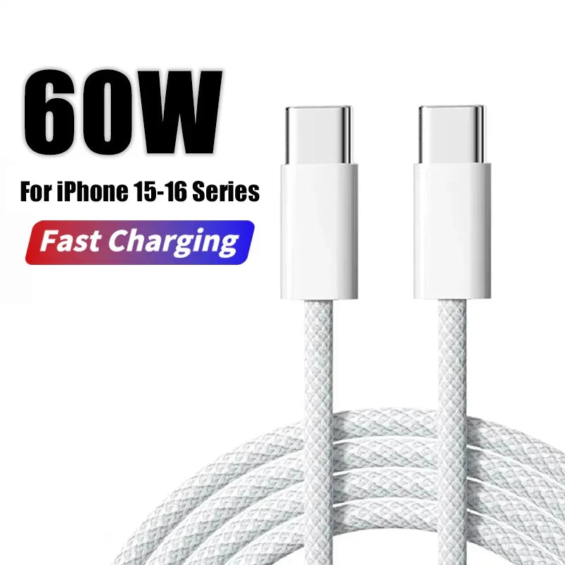 60W USB-C Fast Charging Cable for iPhone 15/16/17 Series – Braided Type-C to USB Data & Power Cable for Pro, Pro Max, Air & Plus Models