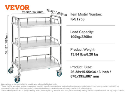 VEVOR 2-Shelf Stainless Steel Rolling Lab Cart – Utility & Serving Cart for Clinic, Laboratory, Hospital & Salon