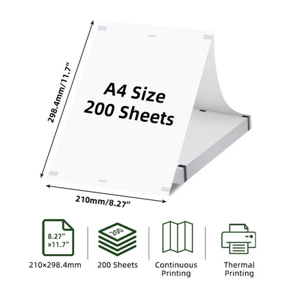 A4 Thermal Printing Paper - 200 Sheets Portable Printer Paper Roll-Free Foldable Paper 210x298mm