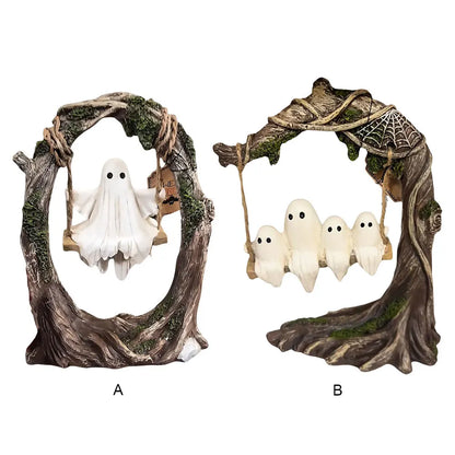 Halloween White Ghost Sculptures — Funny Swinging Tree Ornaments for Tabletop Centerpiece Decor
