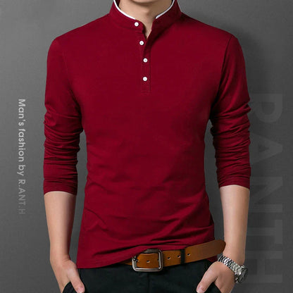 Men's Business Casual Long Sleeve Polo T-Shirt - Comfortable and Breathable Solid Cotton Top for Summer