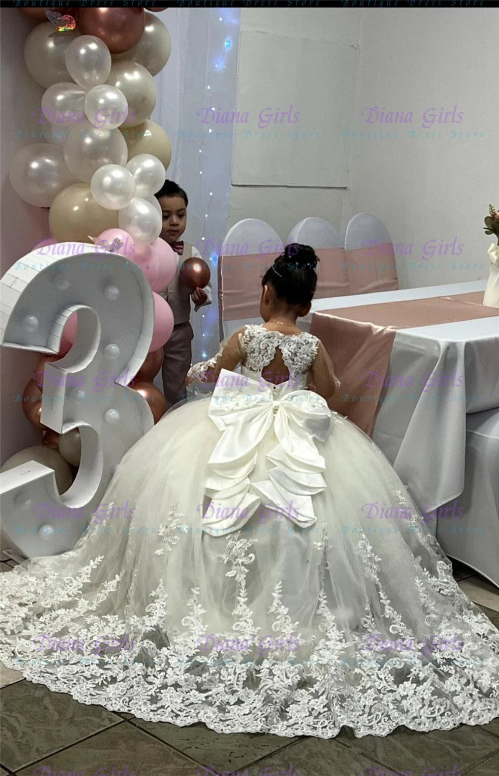 White Tulle Flower Girl Dress - Lace Applique Wedding & Party Gown