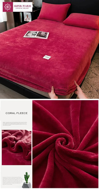 Soft Warm Plush Fitted Sheet – Elastic Coral Fleece Mattress Cover for Winter, Luxury Double Bed Bedding