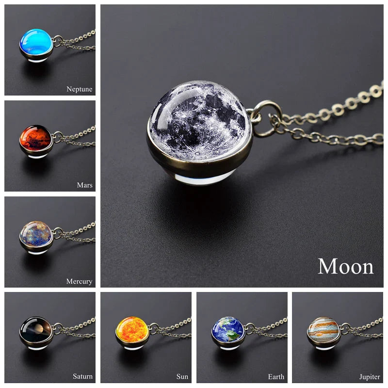 Solar System Planet Glass Ball Necklace – Moon, Earth, Jupiter & More Space-Themed Pendant for Women Fashion Gift