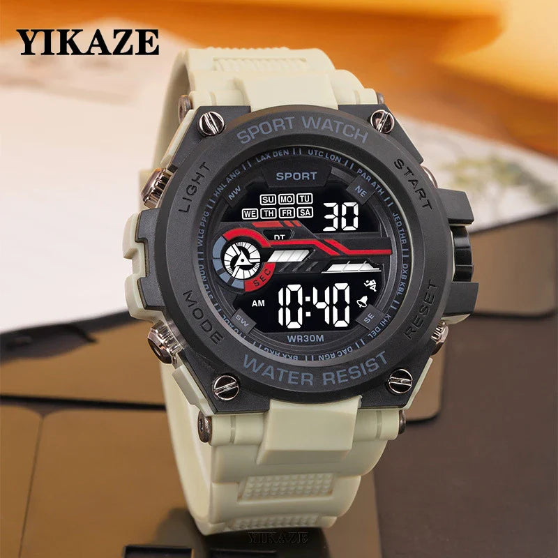 YIKAZE Men’s Waterproof Sports Watch — Multifunction LED Digital Military Watch with Alarm Clock
