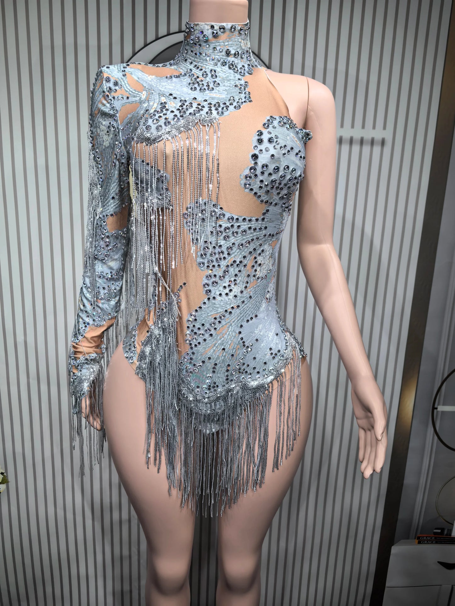 Sparkly Blue Rhinestone Leotard - One-Shoulder Fringe Bodysuit for Dance, Stage & Performance