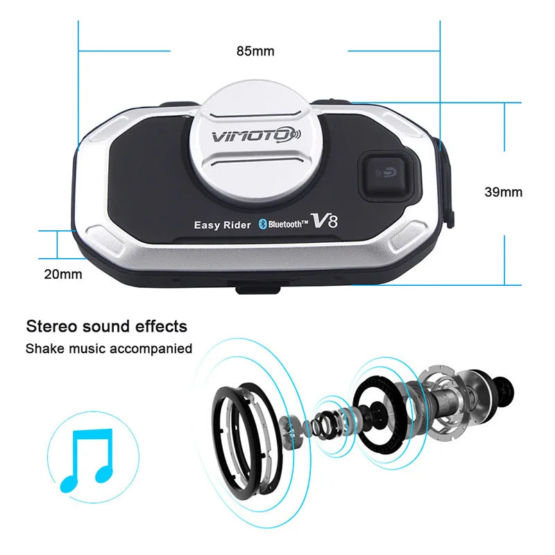 Easy Rider Vimoto V8 Motorcycle Helmet Bluetooth Headset — Multi-Functional Intercom & Interphone