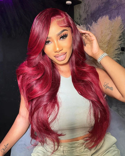 99J Burgundy Body Wave Human Hair Wig – 13x6 HD Transparent Lace Front, 30-40 Inch Curly Brazilian Hair for Women