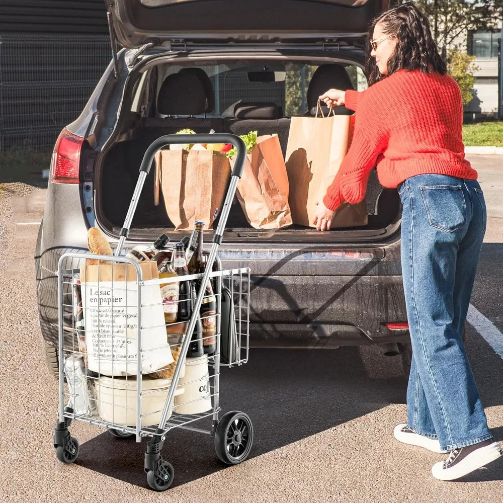 Folding Shopping Trolley with Double Basket, 360° Rotating Wheels & Adjustable Handles - Perfect for Luggage & Travel