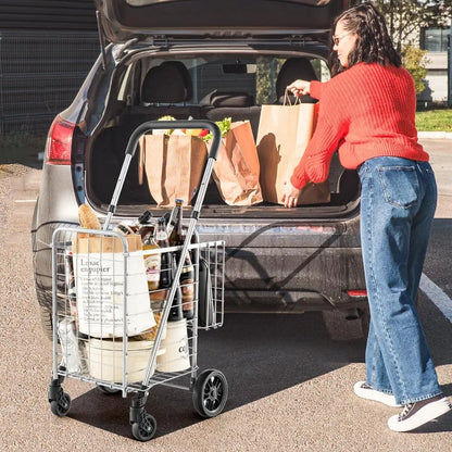 Folding Shopping Trolley with Double Basket, 360° Rotating Wheels & Adjustable Handles - Perfect for Luggage & Travel