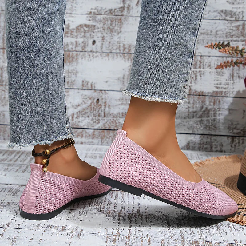 Women’s Pointed Toe Flat Shoes – Solid Color Knitted Slip-On Ballet Loafers, Casual & Breathable Ladies Shoes