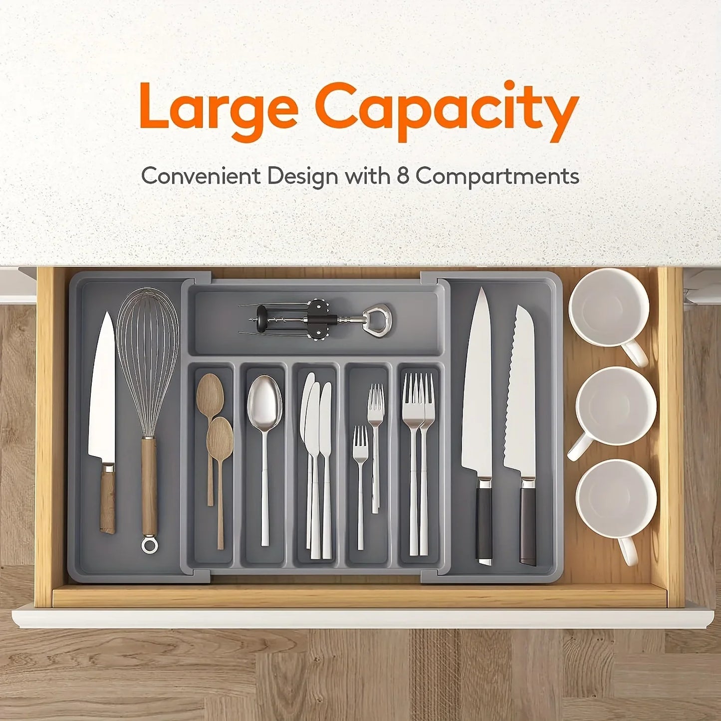 Adjustable Flatware Organizer Tray with Dividers – Plastic Utensil Holder for Spoons, Forks & Knives