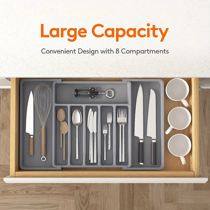 Adjustable Flatware Organizer Tray with Dividers – Plastic Utensil Holder for Spoons, Forks & Knives