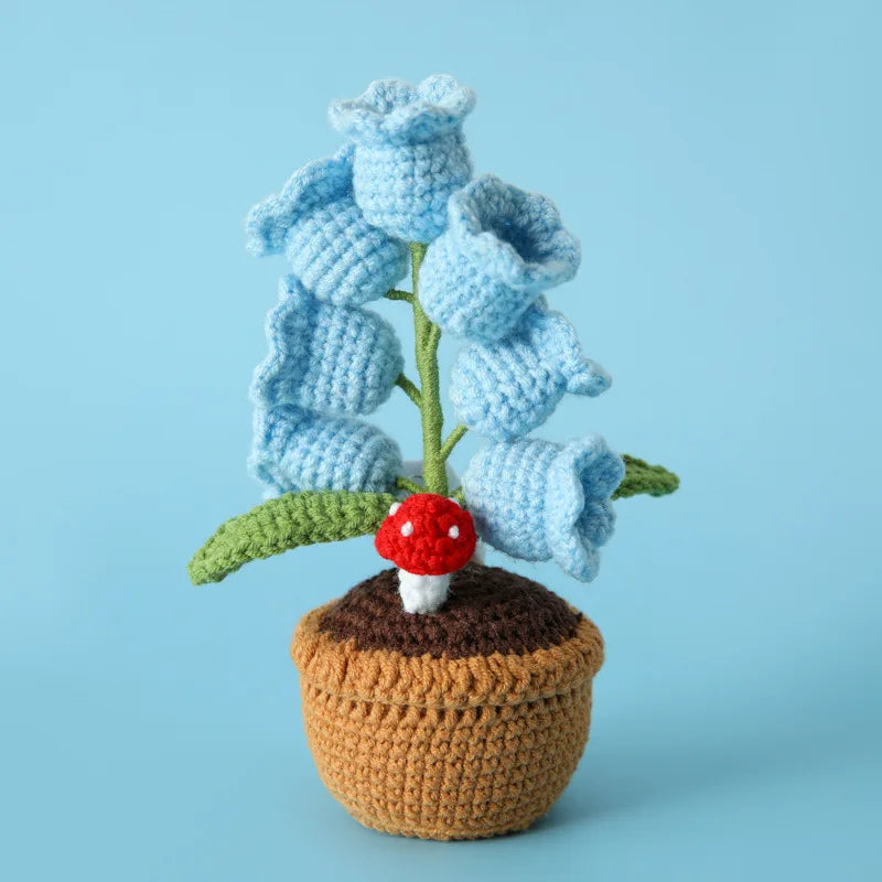 Handmade Crochet Bell Orchid in Pot – Knitted Artificial Flower with Light for Desktop & Easter 2025 Decor