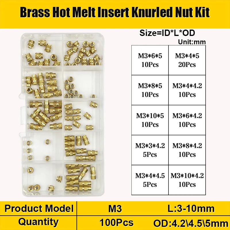 Brass Threaded Insert Nut Kit M2–M8 – Heat Set Knurled Copper Nuts for 3D Printing & Plastic Injection