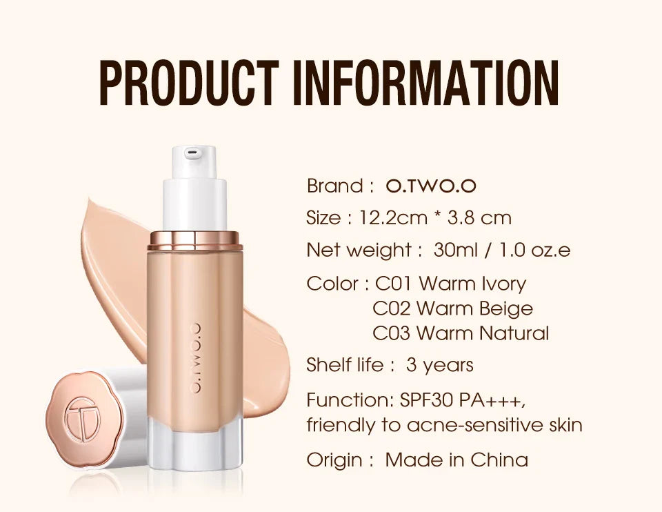 O.TWO.O Liquid Foundation Cream – 30ml High Coverage Makeup Base, SPF30 Waterproof Concealer Foundation for Face
