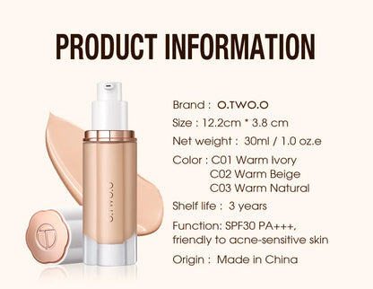 O.TWO.O Liquid Foundation Cream – 30ml High Coverage Makeup Base, SPF30 Waterproof Concealer Foundation for Face