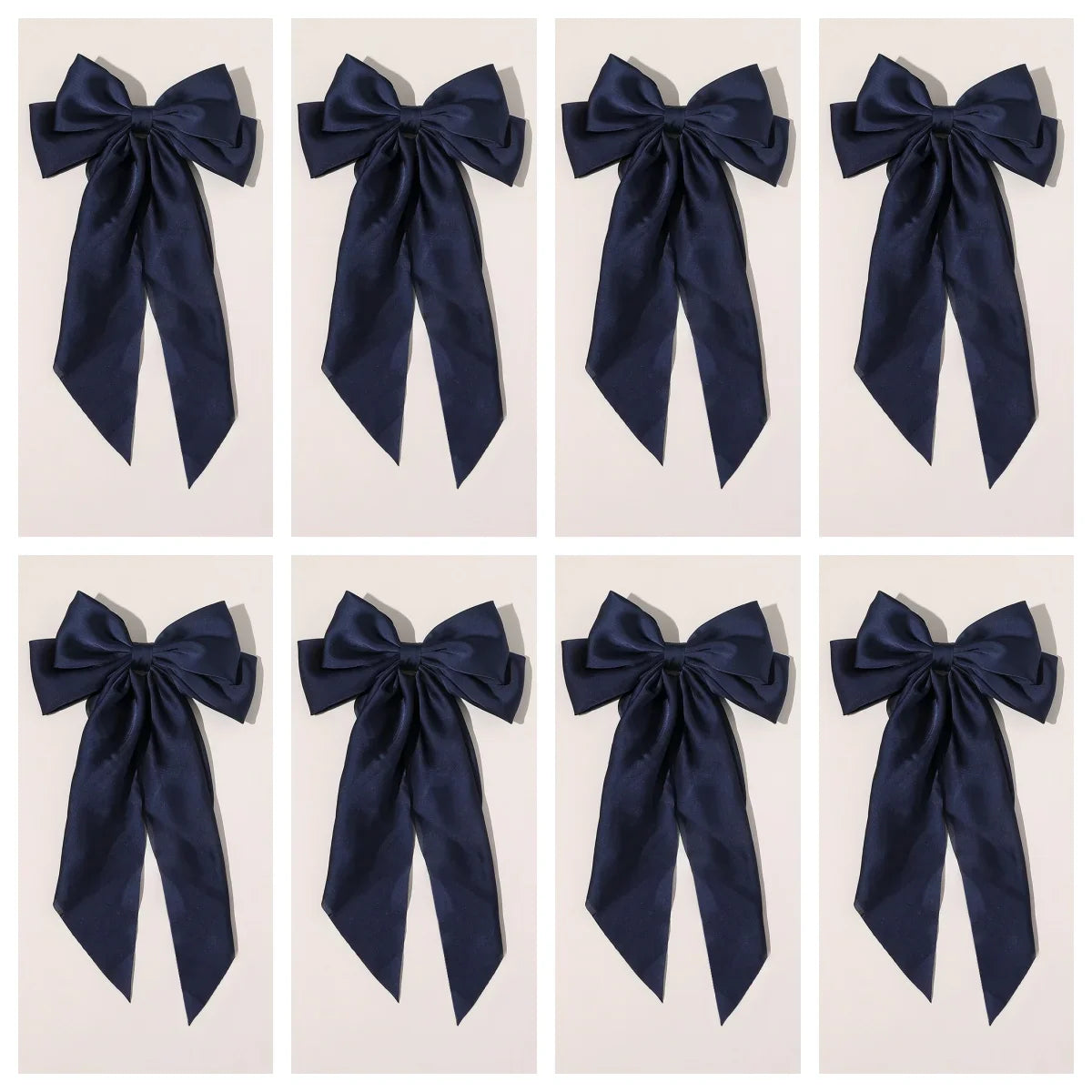 8 Ladies Satin Ribbon Bow Hair Clips – Oversized White, Pink, Red, Blue, Black Long Tail, Spring Clip for Ponytail Hair Accessories