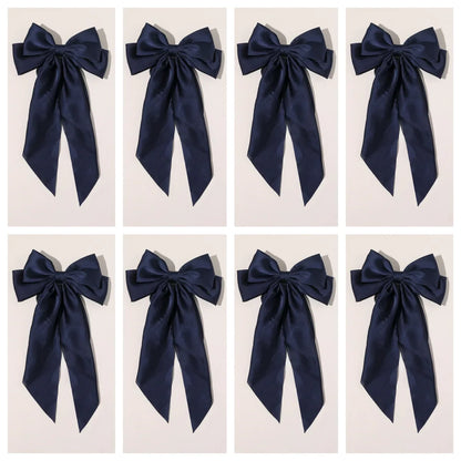 8 Ladies Satin Ribbon Bow Hair Clips – Oversized White, Pink, Red, Blue, Black Long Tail, Spring Clip for Ponytail Hair Accessories