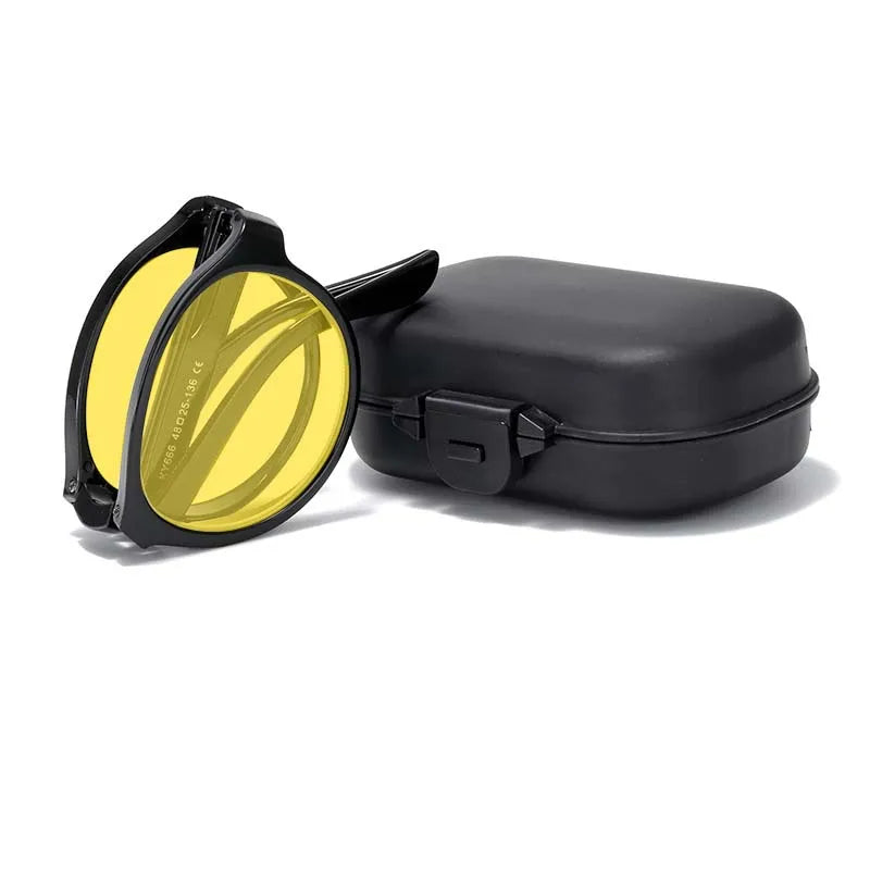 Anti-Glare Foldable Night Vision Driving Glasses – Blue Light Blocking Round Shades for Men & Women with Case