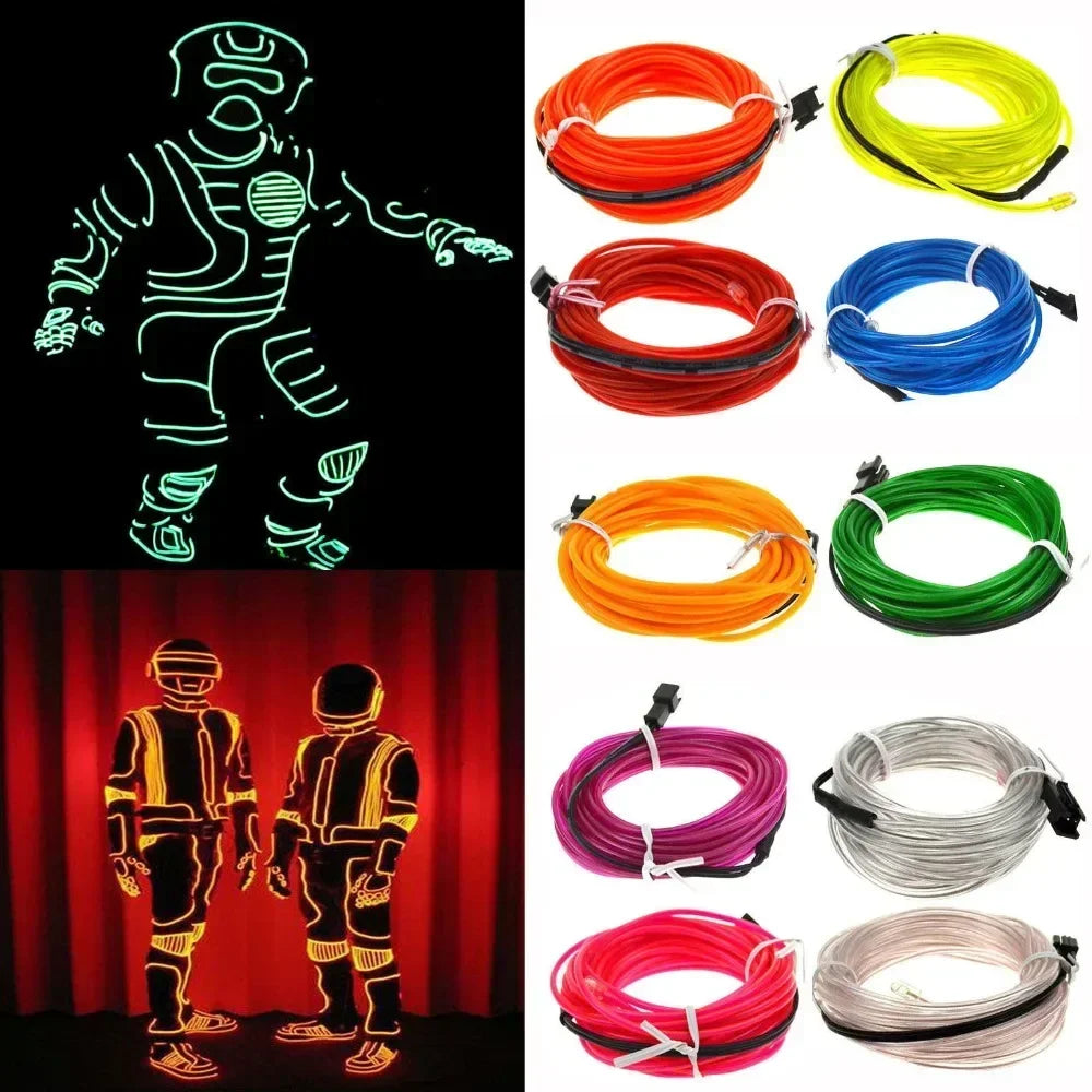 Glow EL Wire Cable - LED Neon Light for Christmas, Dance Party, DIY Costumes, Luminous Car Decoration, Rave Clothing - Available in 1m/3m/5m Lengths