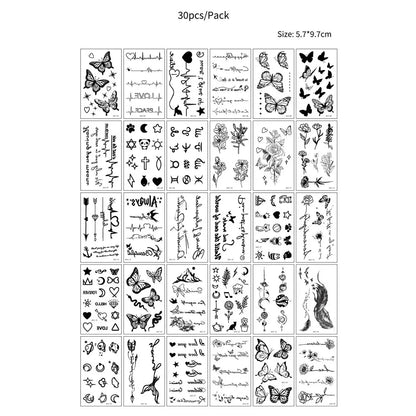 30pcs Black Temporary Tattoo Stickers - Flower Butterfly Rose Moon Star Mandala Designs for Hand, Chest & Body Art