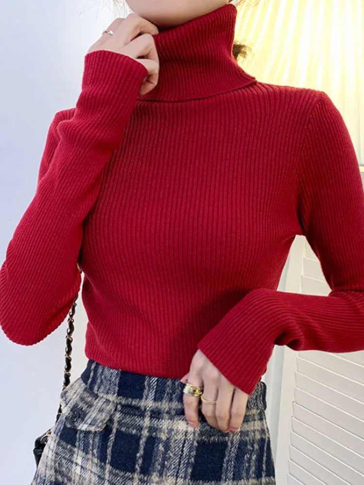 ZOKI New 2023 Women's Turtleneck Pullover Sweater - Slim Fit, Long Sleeve Elastic Jumper, Simple Korean Style Solid Color Top