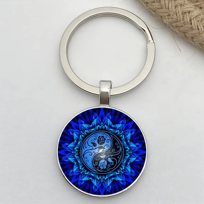 Retro Mandala Flower Yoga Keychain – Buddhist Chakra Glass Car Keyring for Men & Women Spiritual Jewelry Gift Accessory