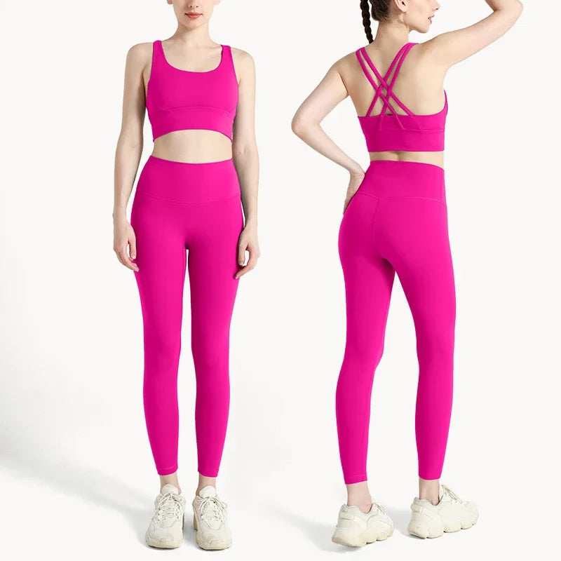 Summer 2 Piece Women's Yoga Tracksuit - Cross-Back Nylon Top and Leggings Athletic Set for Pilates and Fitness