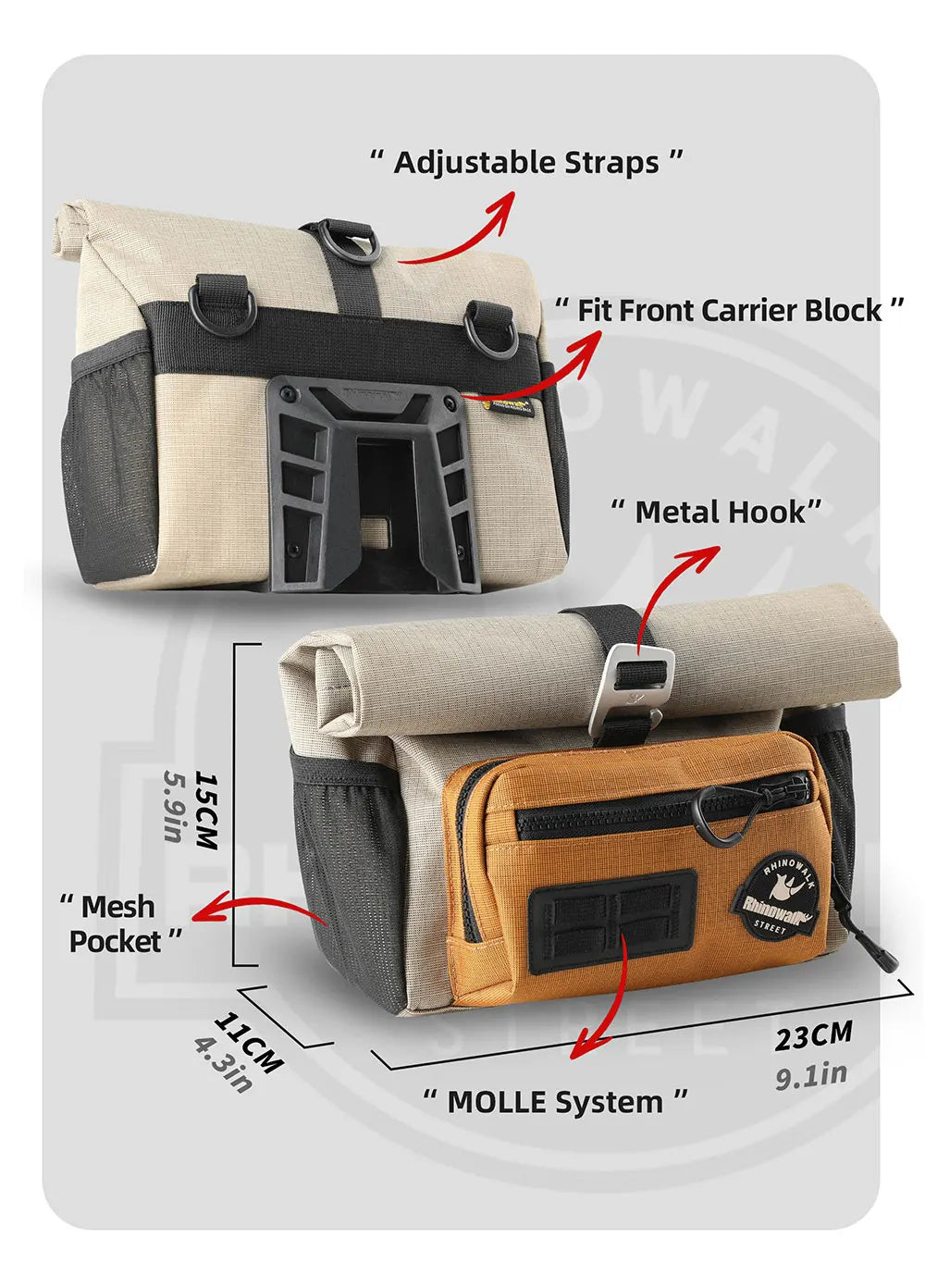 Rhinowalk 4L Bike Handlebar Bag — Quick Release Front Tube Basket with MOLLE for Brompton Folding Bikes