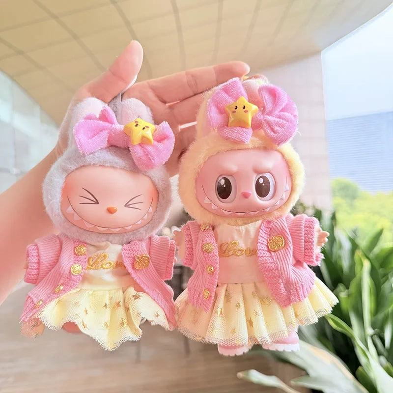 17cm Labubu Doll Clothes — Macaron Outfit Set with Hair Accessories | Cute DIY Gift for Kids