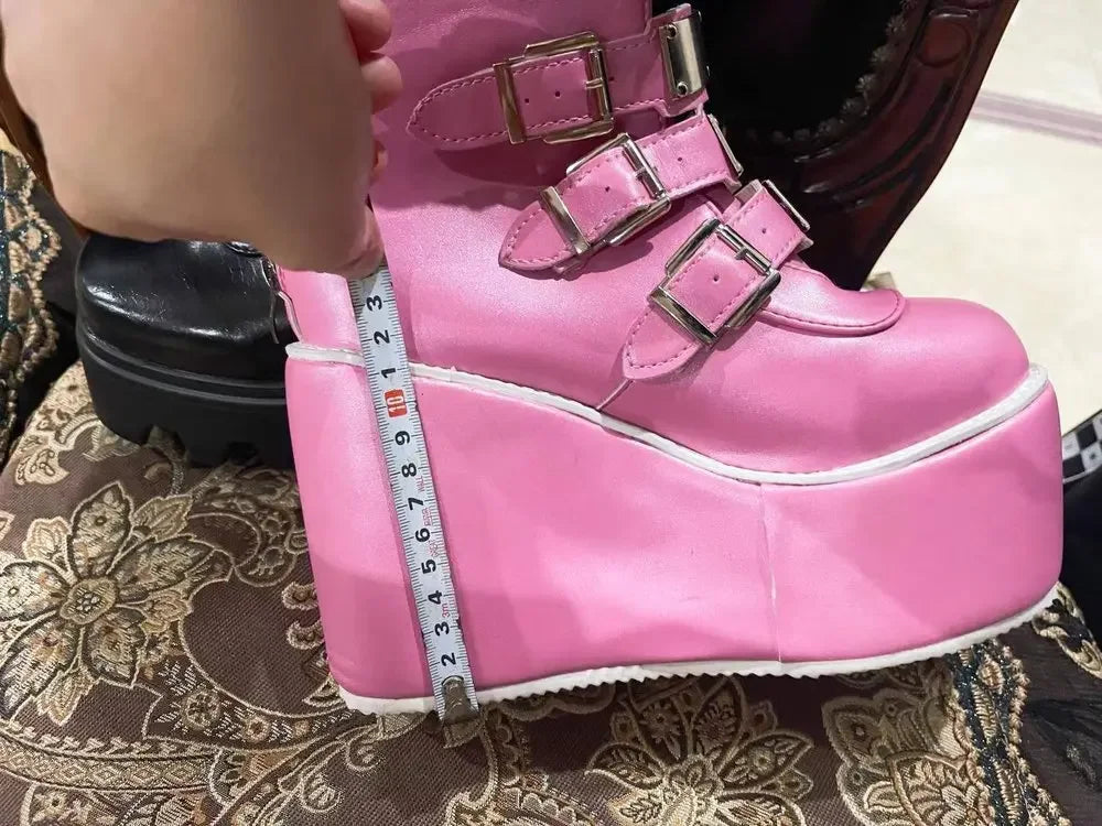 Women’s Gothic Boots – Cosplay High Heel Platform Wedges, Buckle Strap Long Tube Leather Boots, Plus Size Options