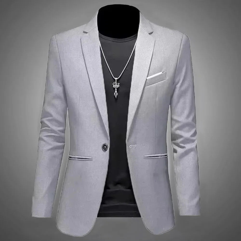 Men’s Casual Business Slim Fit Suit Jacket — Trendy Autumn Single-Button Formal Blouse, Non-Iron Solid Color