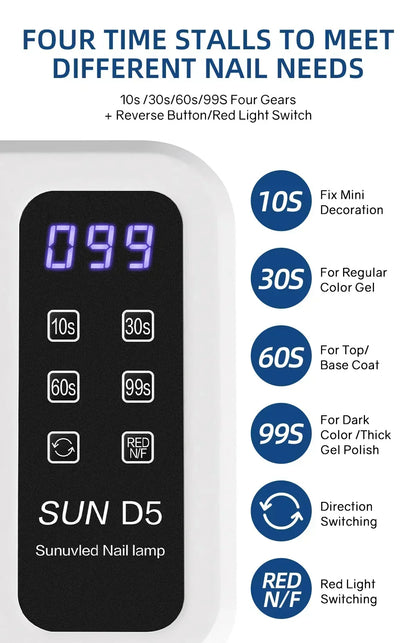480W UV LED Nail Lamp – 108 LEDs Nail Dryer with Red Light Whitening Mode, Large Space, 4 Timer Settings