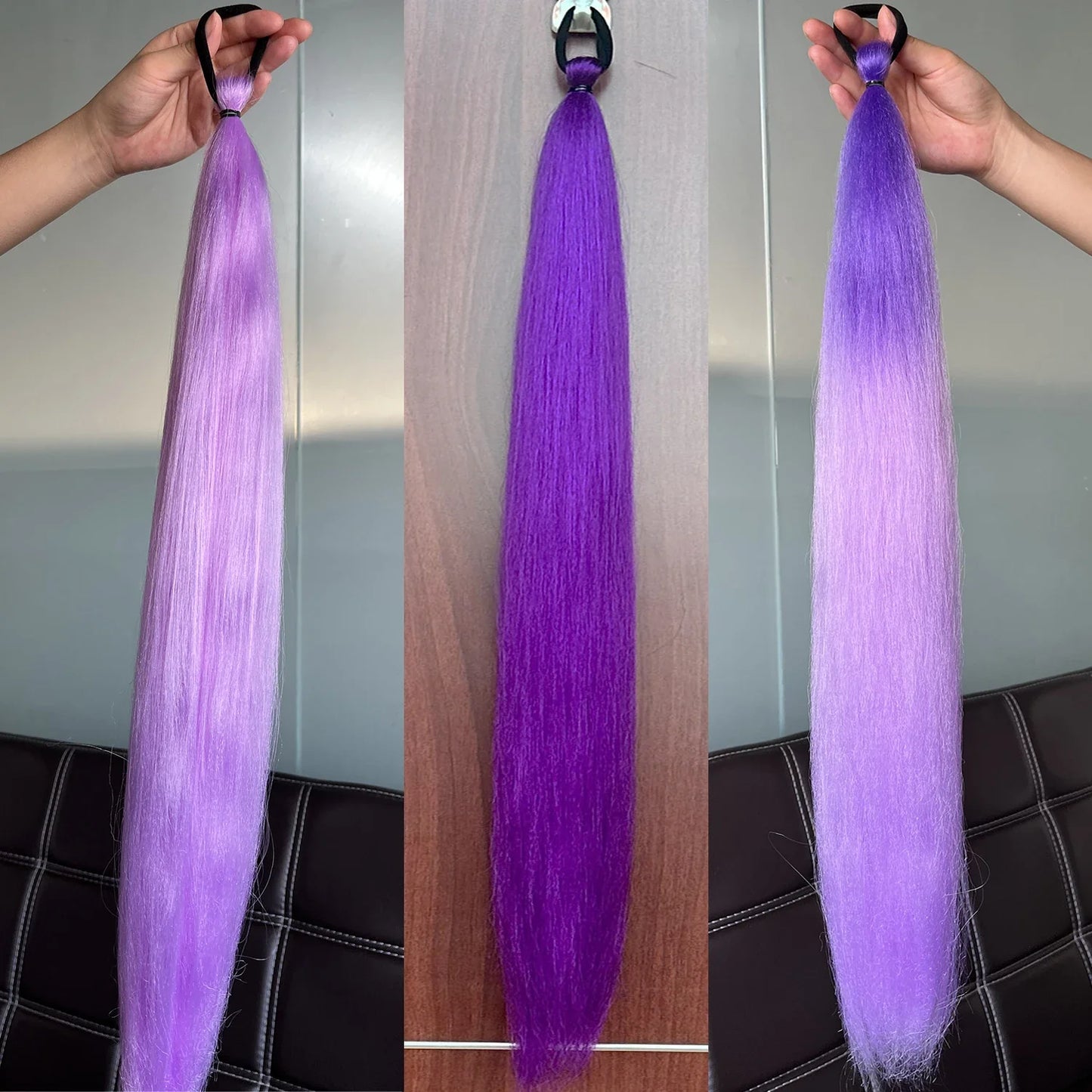 2Pcs Purple Synthetic Ponytail Extensions – Long Straight Hair Accessories with Rubber Bands for Women & Halloween