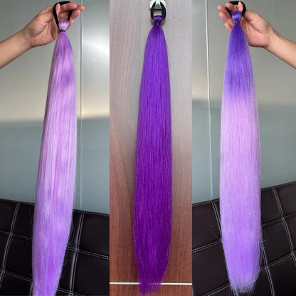 2Pcs Purple Synthetic Ponytail Extensions – Long Straight Hair Accessories with Rubber Bands for Women & Halloween