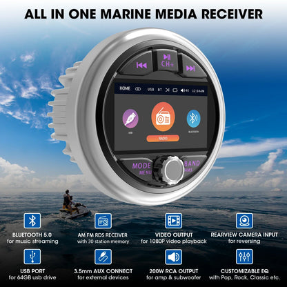 AKAMATE Boat Radio MP5 – Marine Stereo Media Player with AM/FM RDS, Bluetooth, AUX, MP3/MP4 Video Play for ATV, UTV, SPA, RZR