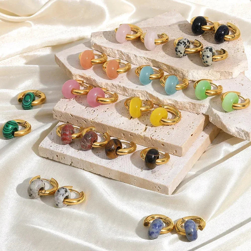 Leopard Bead Opal Stainless Steel Hoop Earrings — Gold Color, Anti-Fading Wedding & Prom Jewelry for Women, Gift Accessory