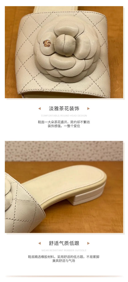 Luxury Women’s Flower Slippers — Camellia Open-Toe Slides for Home & Outdoor, Ladies Flip Flop Sandals
