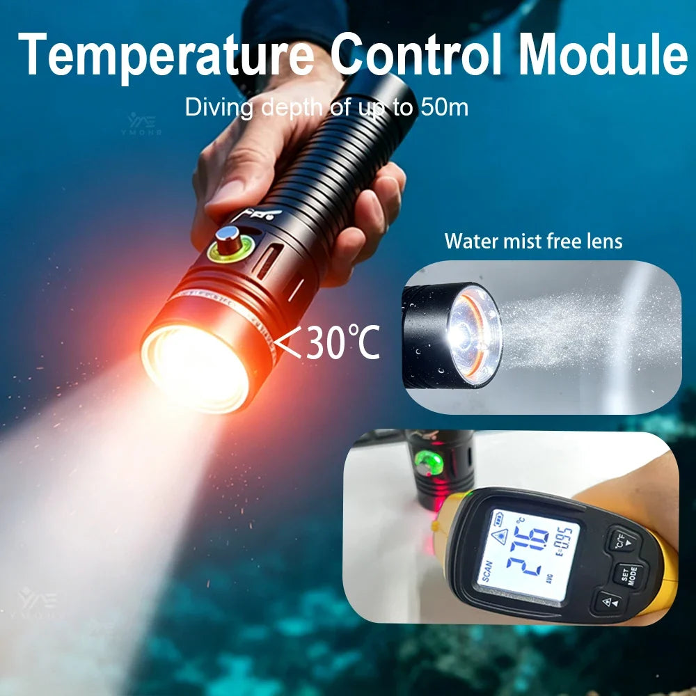 2026 Dive Flashlight - IPX8 Waterproof Rechargeable 18650 LED Scuba Diving Torch with 50M Range