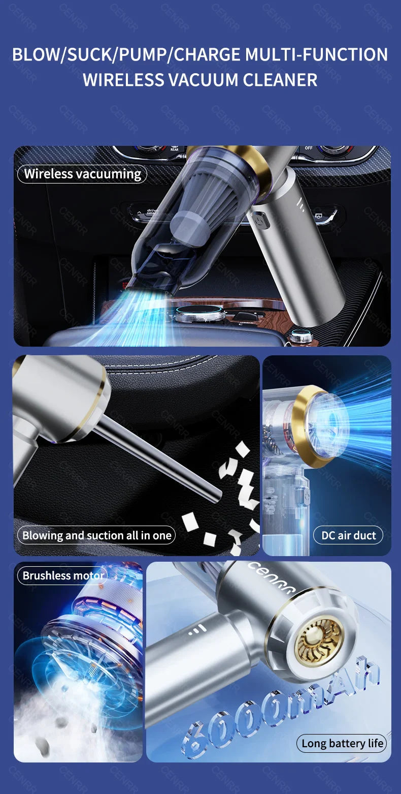 CENRR 360000PA Mini Cordless Car Vacuum Cleaner – Powerful Handheld Portable Wireless Cleaning Machine
