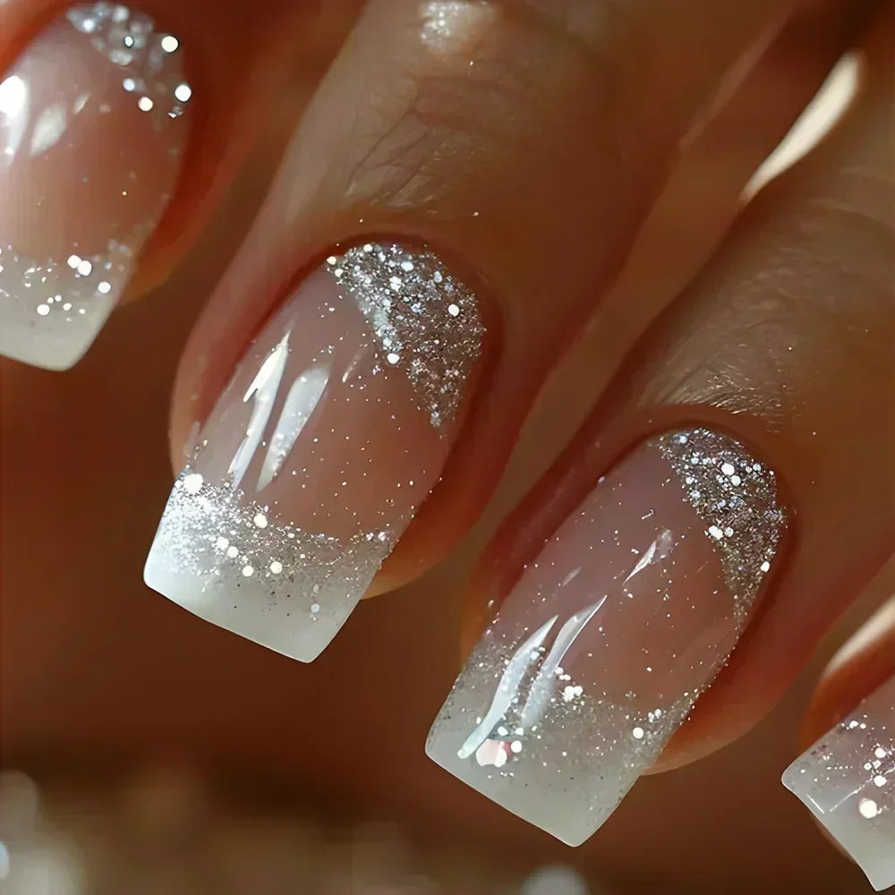24PCS Short Square Coffin False Nails – French Glitter Acrylic Press-On Nail Tips with Glue, Wearable Fake Nails Set